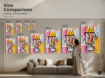 Size Comparison of Graffiti-Style King Artwork. See the art in various dimensions from 8x12 to 45x67 inches. Visualize how each size fits with furniture for the perfect art display. Choose the ideal scale to enhance your living space with this iconic artwork.