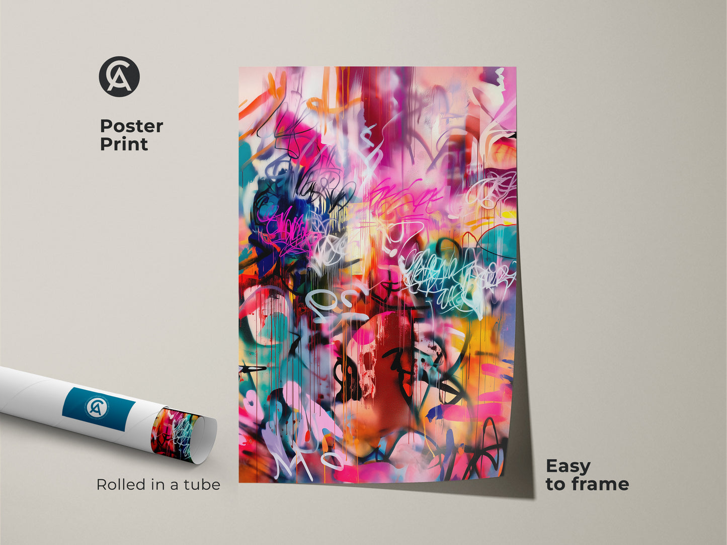 Poster Print of Graffiti Style Art. The artwork features bold abstract patterns. The print comes rolled in a tube and is easy to frame. This colorful design includes pink blue and orange colors. Add a modern touch to your home decor with this unique piece.