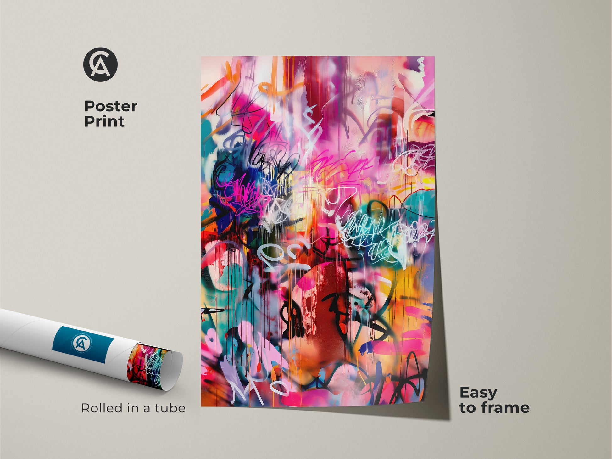 Poster Print of Graffiti Style Art. The artwork features bold abstract patterns. The print comes rolled in a tube and is easy to frame. This colorful design includes pink blue and orange colors. Add a modern touch to your home decor with this unique piece.