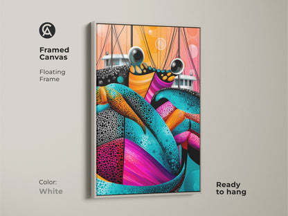 White framed canvas featuring abstract crab art. The marine life print uses teal pink and orange. This nautical artwork is perfect for a beach-themed room. The canvas adds a modern folk touch. It's ideal for eclectic homes. This is a vibrant housewarming gift.