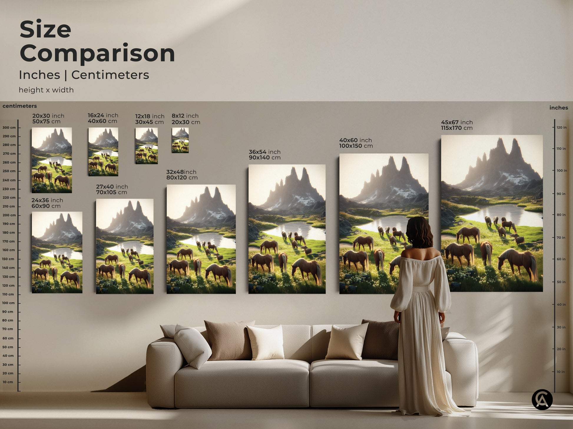 Size comparison of horse art prints in inches and centimeters. Sizes range from 20x30 cm to 45x67 inches. See how this rustic mountain landscape wall art fits above a sofa. Perfect animal scenic artwork for countryside wall hanging.