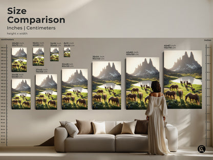 Size comparison of horse art prints in inches and centimeters. Sizes range from 20x30 cm to 45x67 inches. See how this rustic mountain landscape wall art fits above a sofa. Perfect animal scenic artwork for countryside wall hanging.