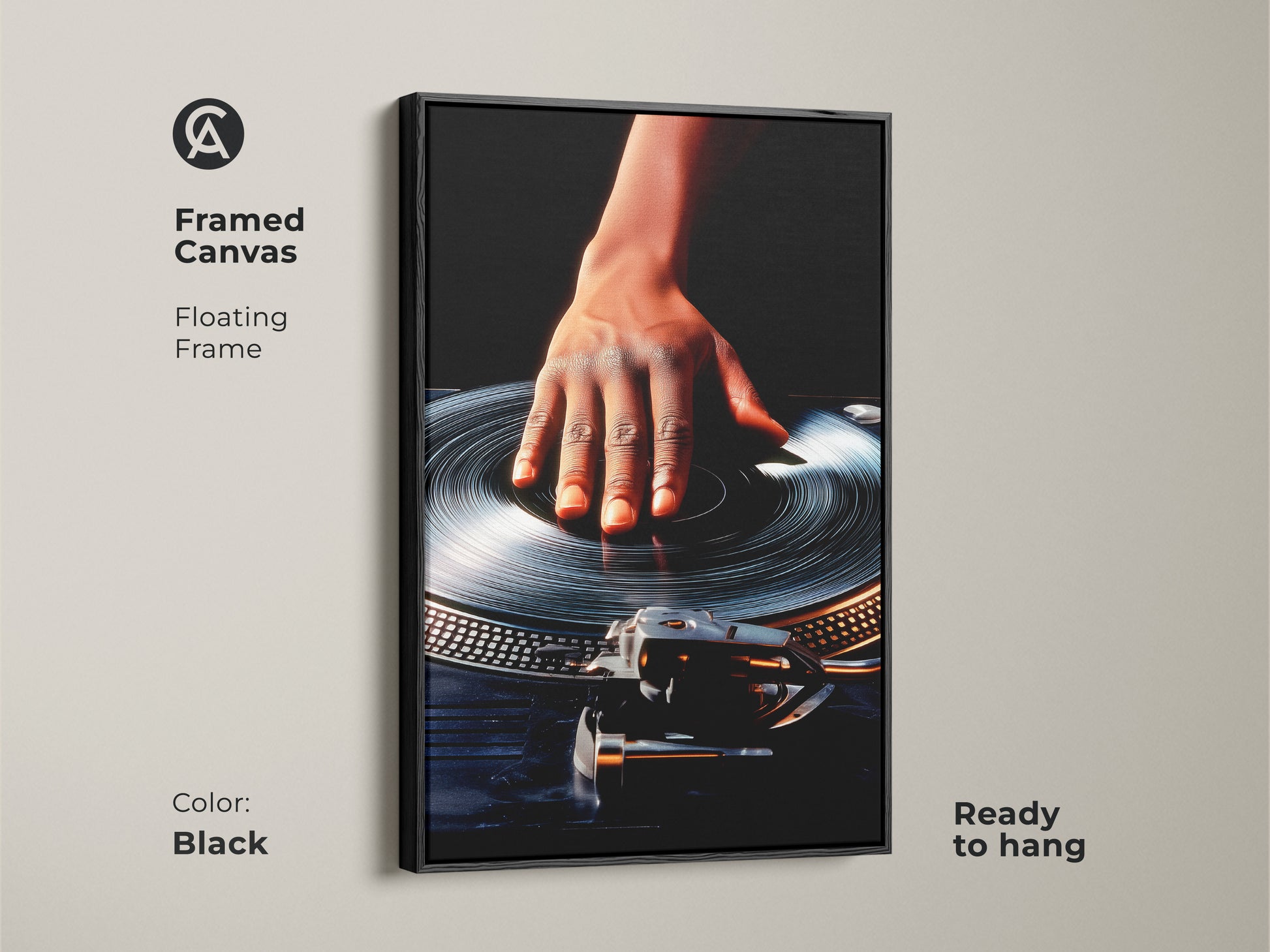 Black framed canvas art showing a hand on a vintage turntable. Floating frame ready to hang this piece is perfect for office wall decor. The industrial loft decor style blends with DJ culture. Orange and black retro art gives a modern urban vibe. Unique gift for music enthusiasts.