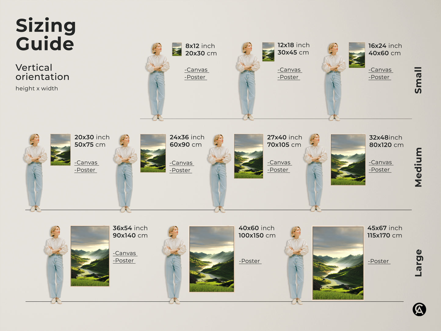 Sizing guide for vertical scenic mountain landscape artwork. Available as canvas or poster in small medium and large sizes. Find the perfect fit for your space with dimensions in inches and centimeters. Ideal for residential interior art.