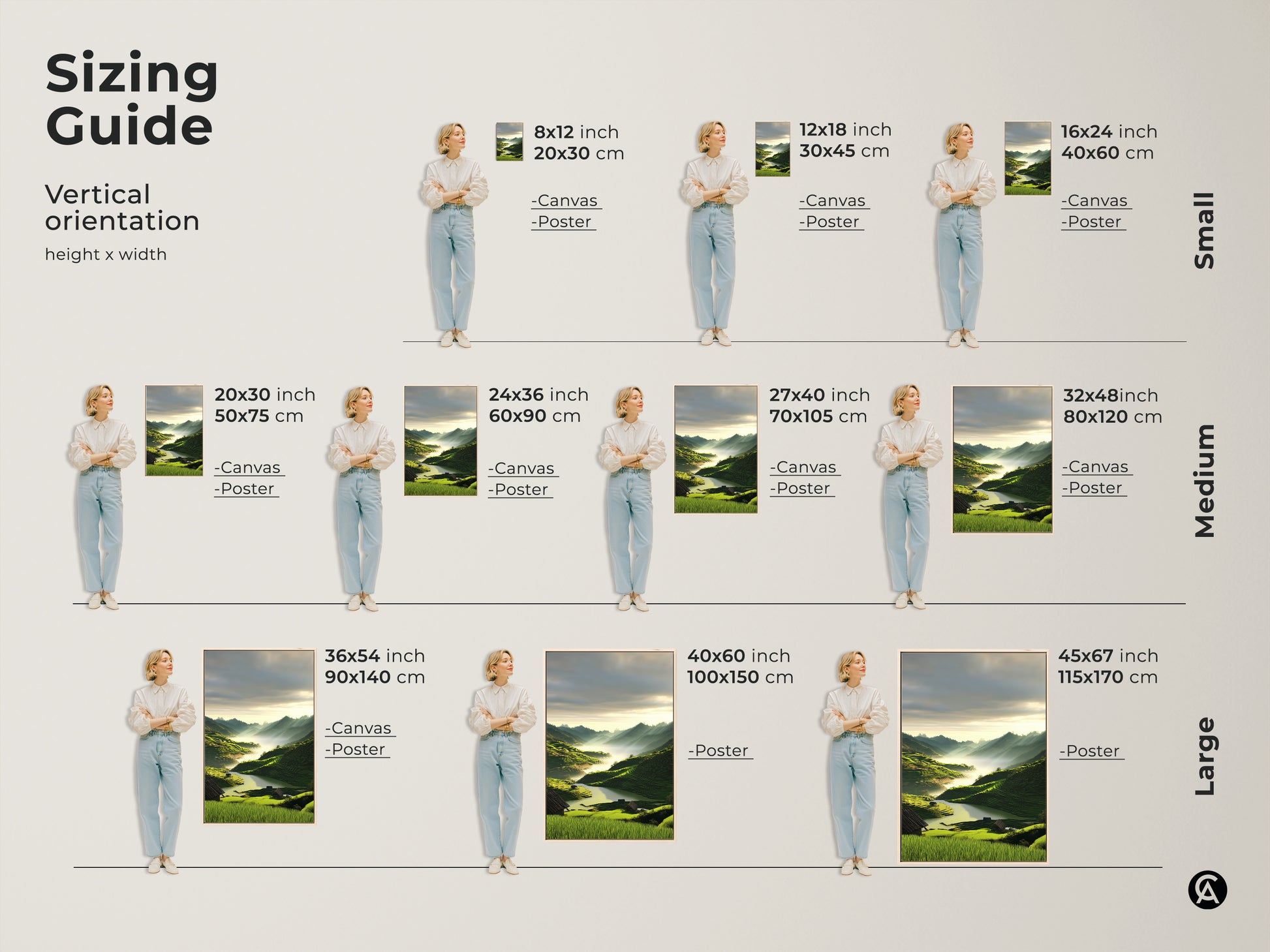 Sizing guide for vertical scenic mountain landscape artwork. Available as canvas or poster in small medium and large sizes. Find the perfect fit for your space with dimensions in inches and centimeters. Ideal for residential interior art.