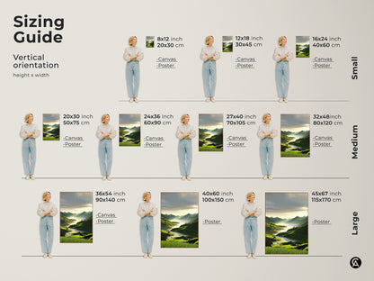 Sizing guide for vertical scenic mountain landscape artwork. Available as canvas or poster in small medium and large sizes. Find the perfect fit for your space with dimensions in inches and centimeters. Ideal for residential interior art.