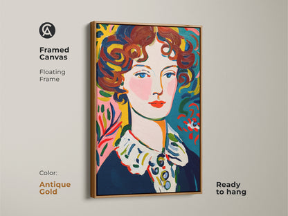 Framed canvas print of a portrait artwork. The floating frame is antique gold and adds a touch of luxury. This ready-to-hang artwork will elevate your home decor. The painting's colorful style makes it a unique statement piece.