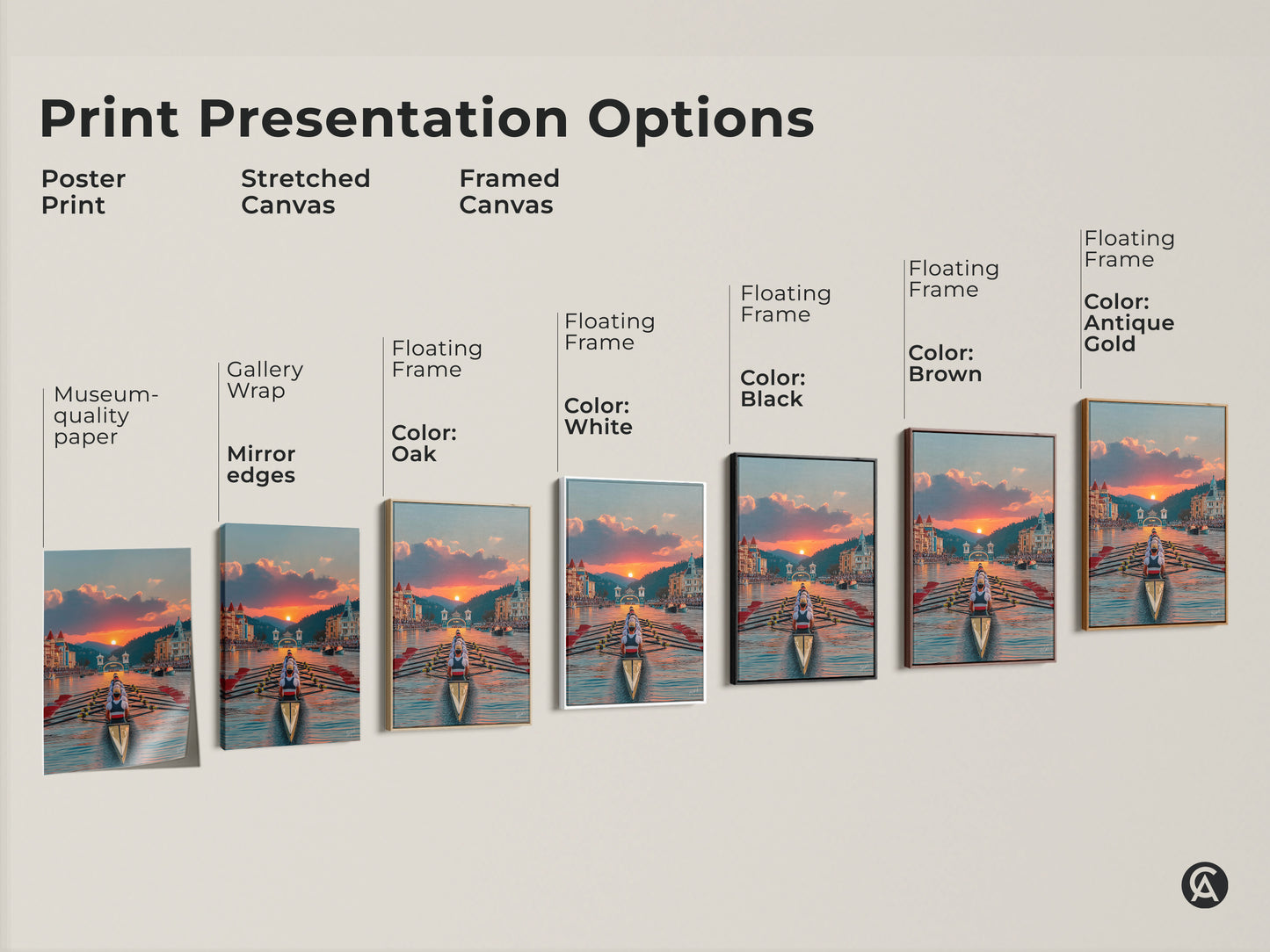Explore the options! Poster Print Stretched Canvas or Framed Canvas wall art. Options of Oak White Black Brown Antique Gold. Choose the perfect style to showcase this vibrant sunset canvas art.