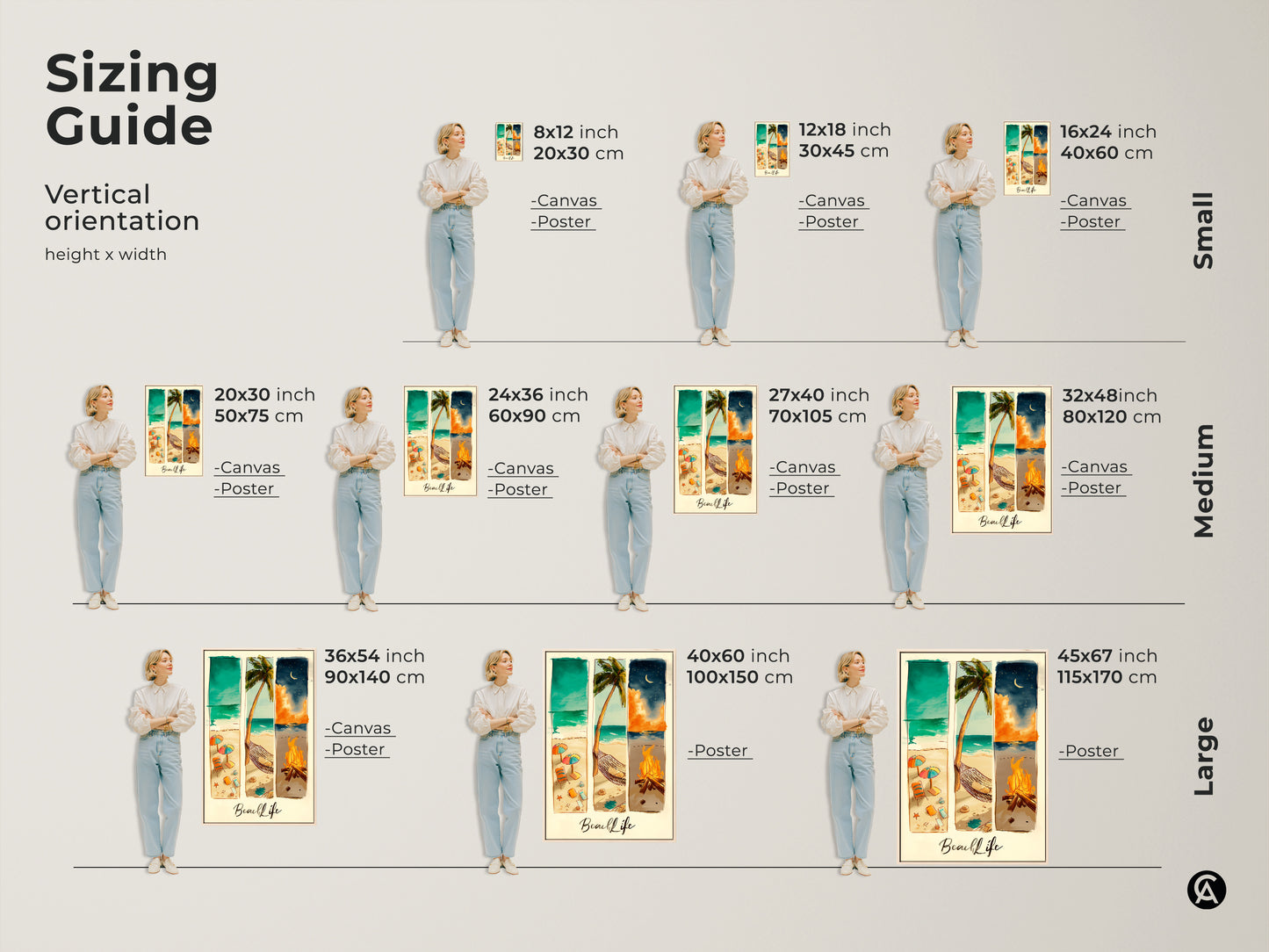 Sizing guide for beach life artwork. This artwork is available in multiple sizes. Find the perfect size for your home. Available as a canvas or poster print. Order today