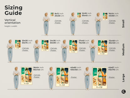 Sizing guide for beach life artwork. This artwork is available in multiple sizes. Find the perfect size for your home. Available as a canvas or poster print. Order today