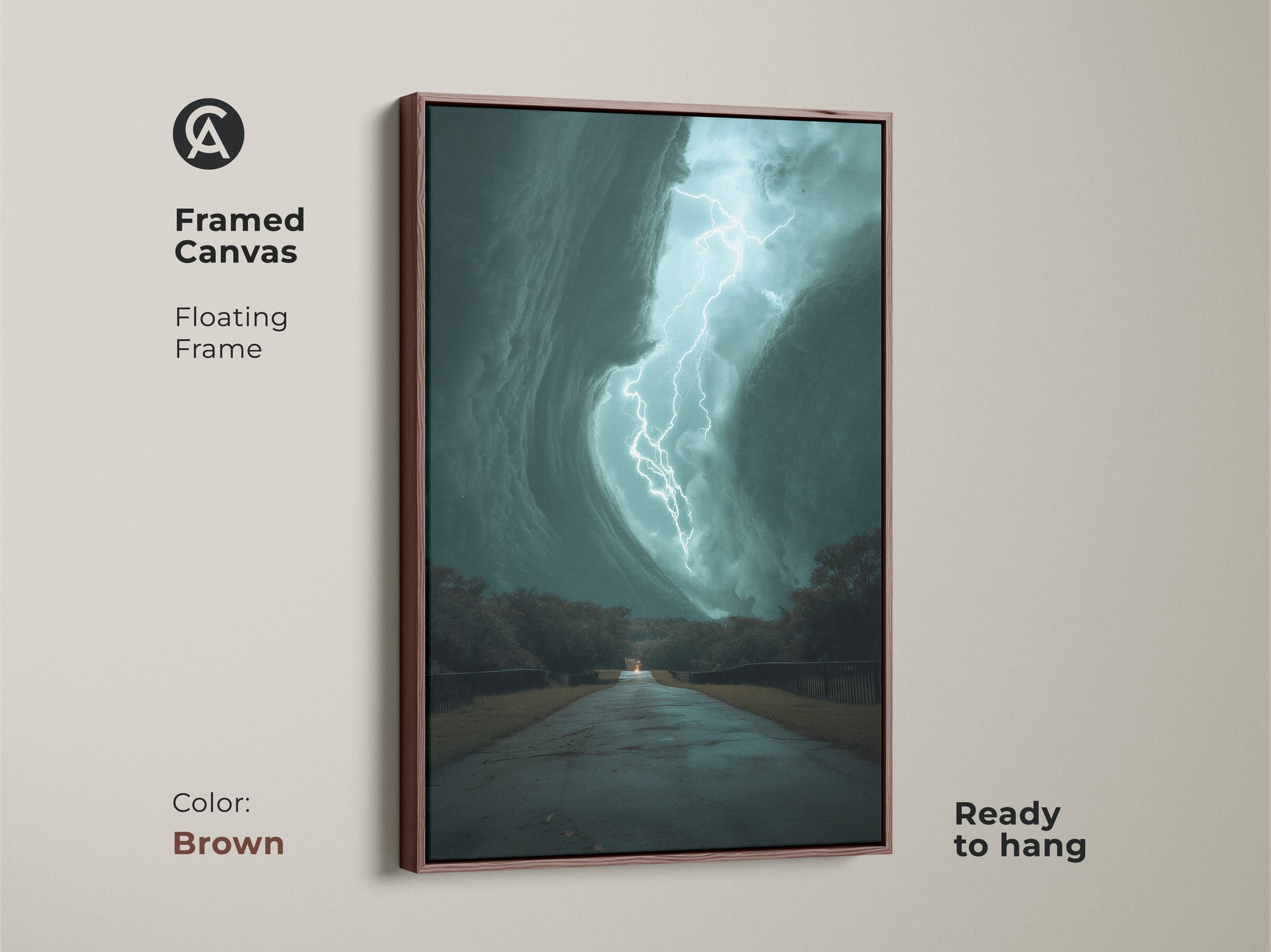 This framed canvas features a teal lightning storm with a brown floating frame. It is ready to hang. The artwork captures a dramatic lightning strike over a road. This nature weather artwork print brings cinematic flair to any space. Perfect as travel themed home decor or modern office artwork.