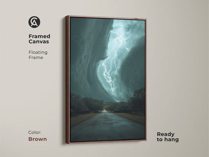 This framed canvas features a teal lightning storm with a brown floating frame. It is ready to hang. The artwork captures a dramatic lightning strike over a road. This nature weather artwork print brings cinematic flair to any space. Perfect as travel themed home decor or modern office artwork.