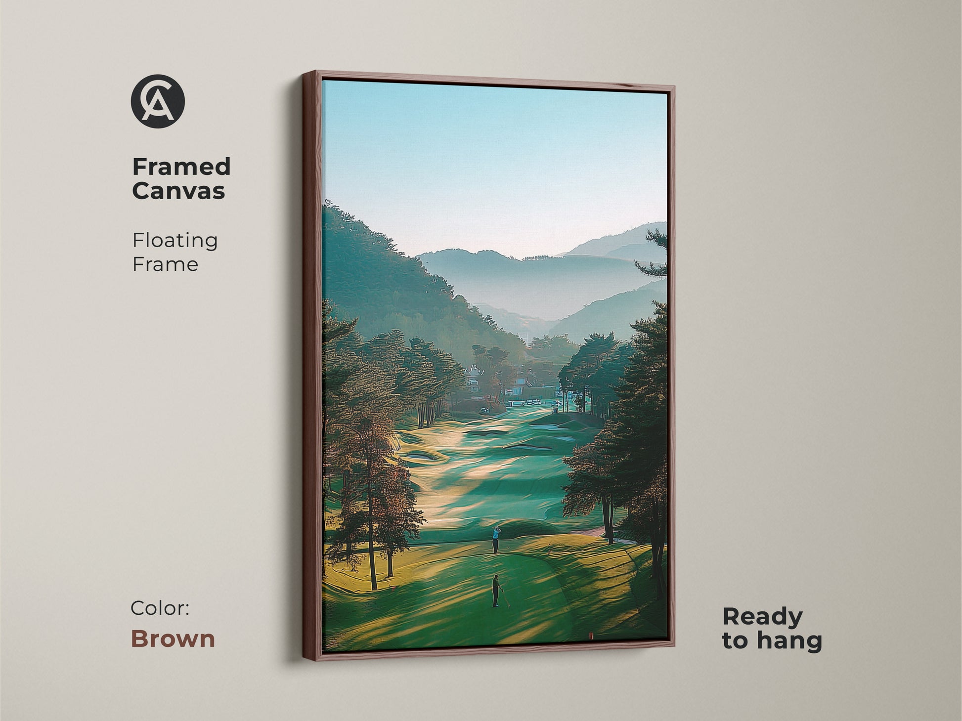 Add warmth to your walls with this framed golf course canvas art. The brown frame enhances the natural beauty of the scene. This artwork captures a peaceful fairway with misty mountains. It is ready to hang and enjoy.