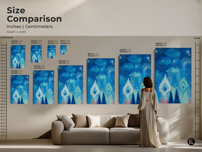 A size comparison featuring abstract peacock feather wall art in a living room. Canvas and poster options are available. See how the sizes fit over a sofa and with a person. It is perfect for a bedroom or living room.