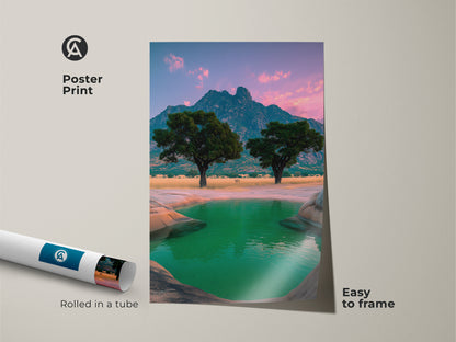 Discover this African landscape canvas print as a poster print. It features acacia trees and a green water oasis. This mountain view print is easy to frame. It's perfect for eclectic home decor. This nature-inspired wall art brings outdoor scenes inside. Ideal as a travel lover gift idea.