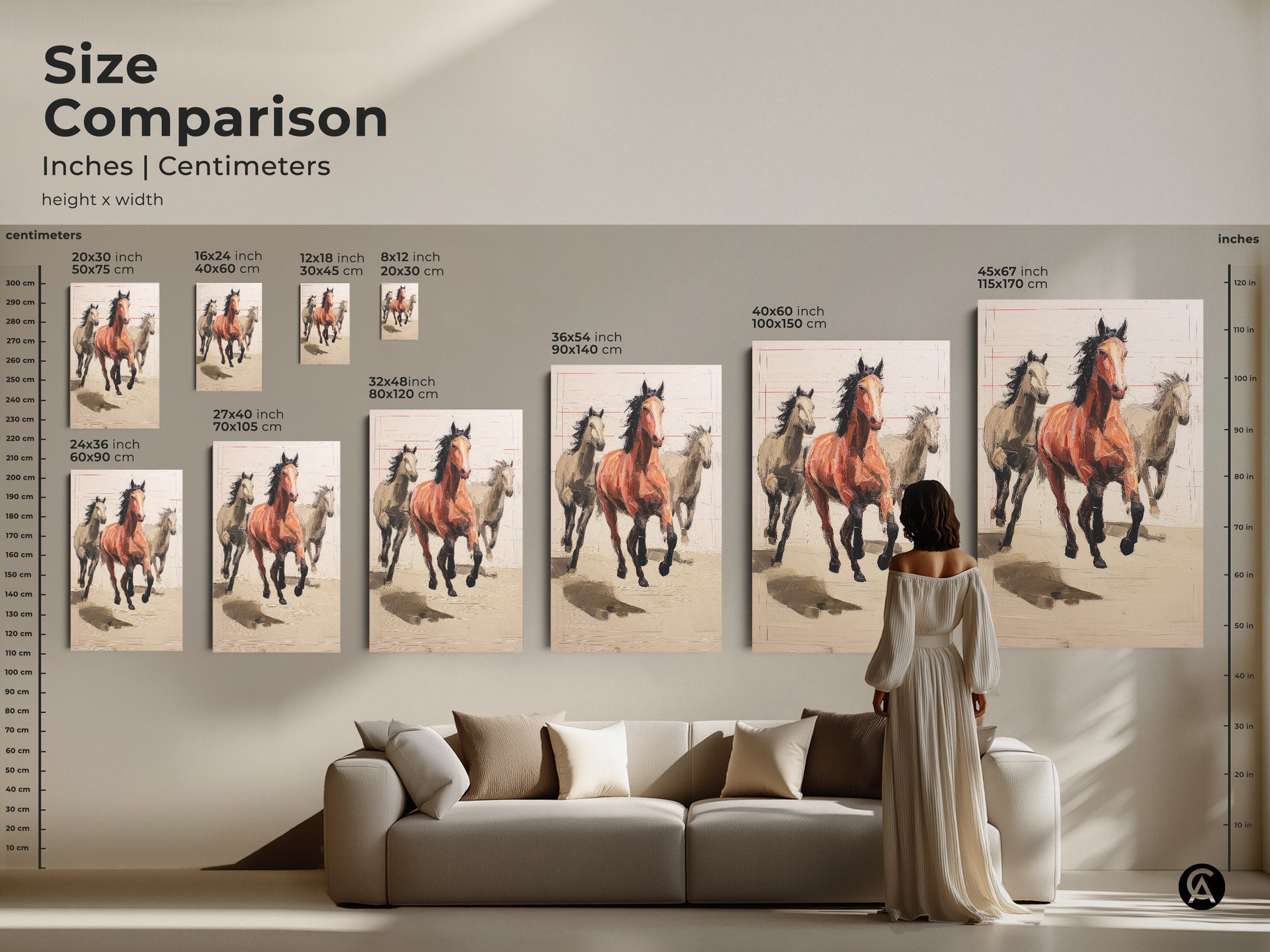 Size comparison of running horses artwork in inches and centimeters. See how the terracotta equestrian print fits in a living room setting. Perfect beige animal wall art choice.