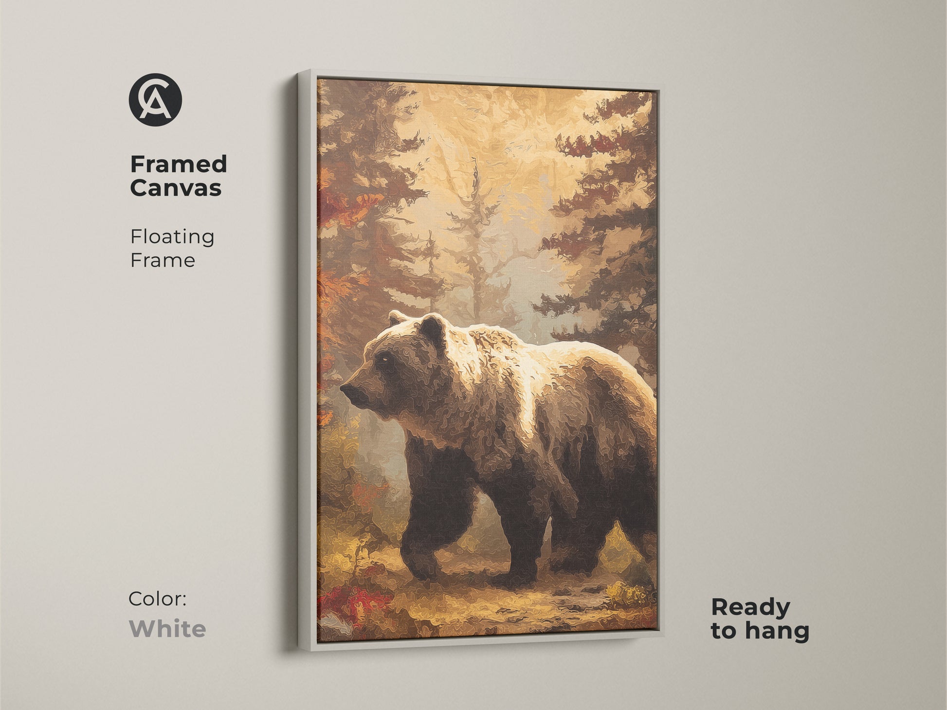Framed canvas with a white floating frame displays a bear. The rustic woodland wall art enhances the golden yellow bear. This animal painting is ready to hang in any room.