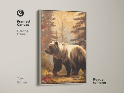 Framed canvas with a white floating frame displays a bear. The rustic woodland wall art enhances the golden yellow bear. This animal painting is ready to hang in any room.