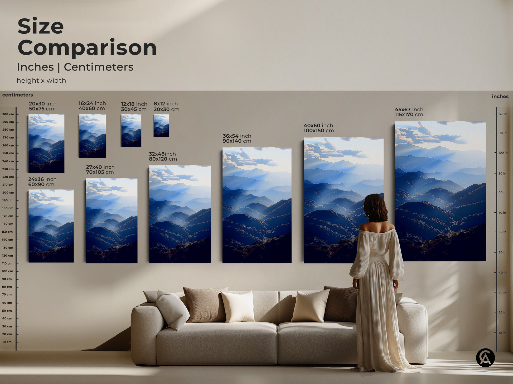 Size comparison of the blue mountain range artwork in inches and centimeters. This atmospheric landscape wall art is perfect for adding a serene touch. Available in various sizes to fit any space. Transform your living room with this modern nature scenic view print.