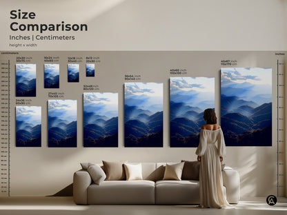 Size comparison of the blue mountain range artwork in inches and centimeters. This atmospheric landscape wall art is perfect for adding a serene touch. Available in various sizes to fit any space. Transform your living room with this modern nature scenic view print.