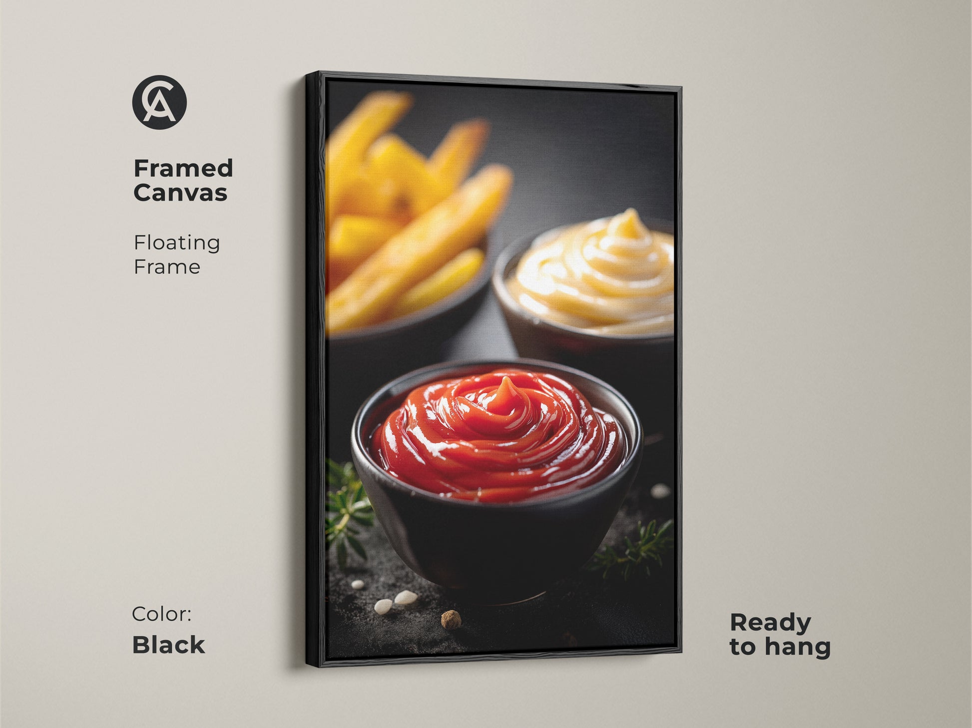 Framed canvas of ketchup mayo and fries art with a black floating frame. This modern food photography print is ready to hang. It adds a playful touch to your kitchen or dining space. Ideal for food lovers and home bakers. A housewarming gift for those who appreciate delicious art.