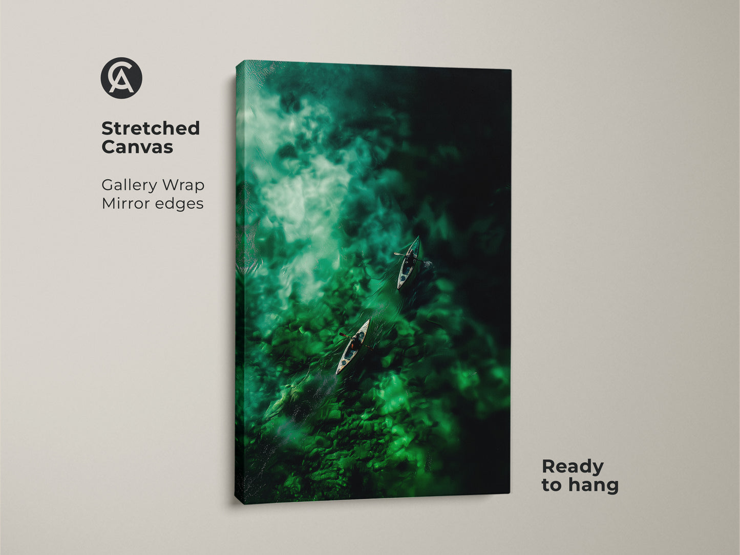Stretched canvas artwork featuring an aerial view of canoes on green waters. Gallery wrapped with mirrored edges this piece is ready to hang. A modern touch to nature-inspired wall decor. The vivid colors and detailed scene create an immersive experience.