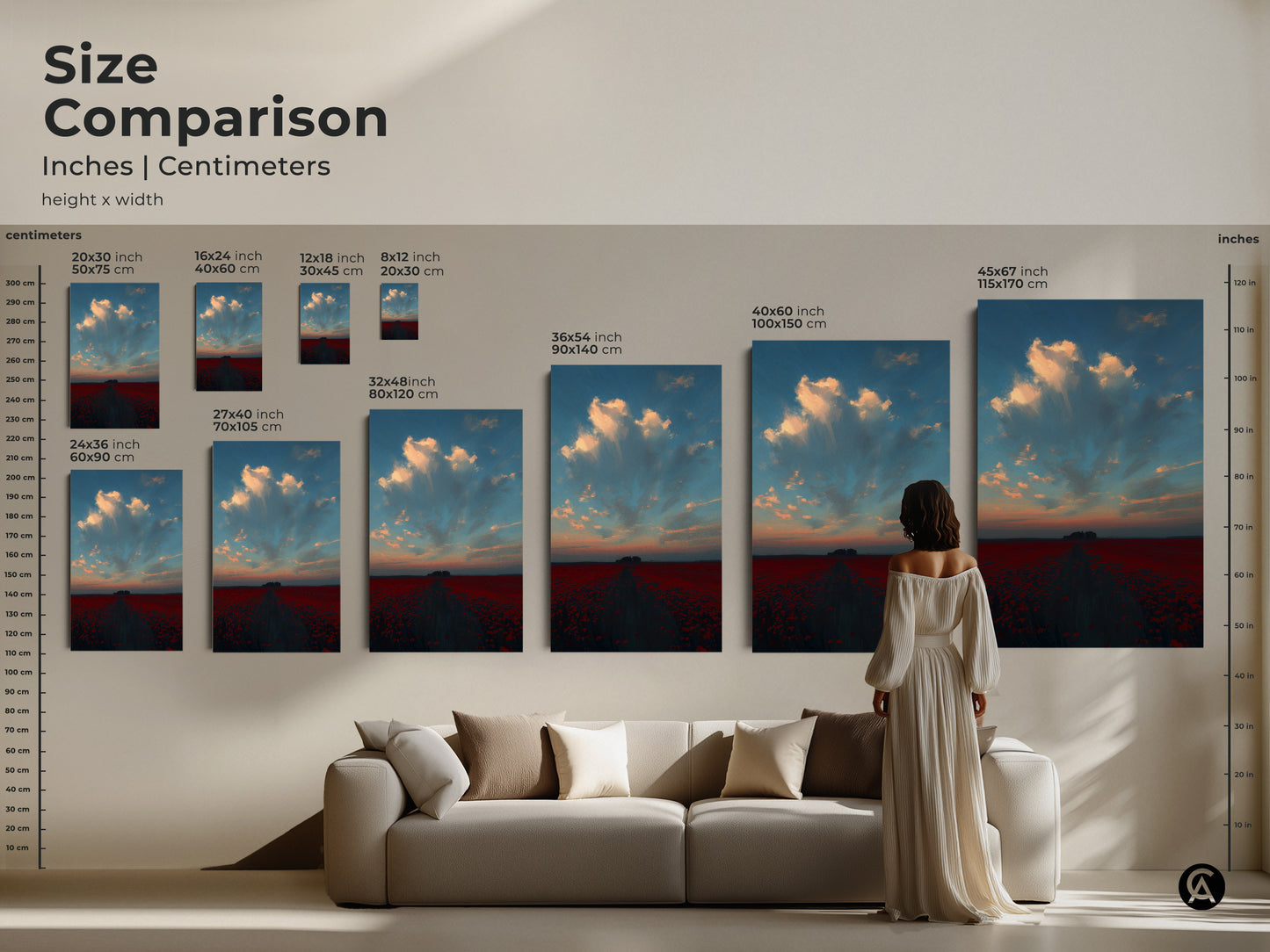 Size comparison of an impressionistic poppy field canvas art print. Visualize how this romantic landscape wall art enhances your living room. The red floral nature print is perfect above a couch. Transform your space with beautiful sunset sky clouds artwork today.