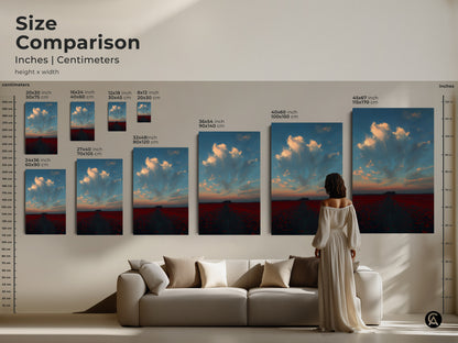 Size comparison of an impressionistic poppy field canvas art print. Visualize how this romantic landscape wall art enhances your living room. The red floral nature print is perfect above a couch. Transform your space with beautiful sunset sky clouds artwork today.