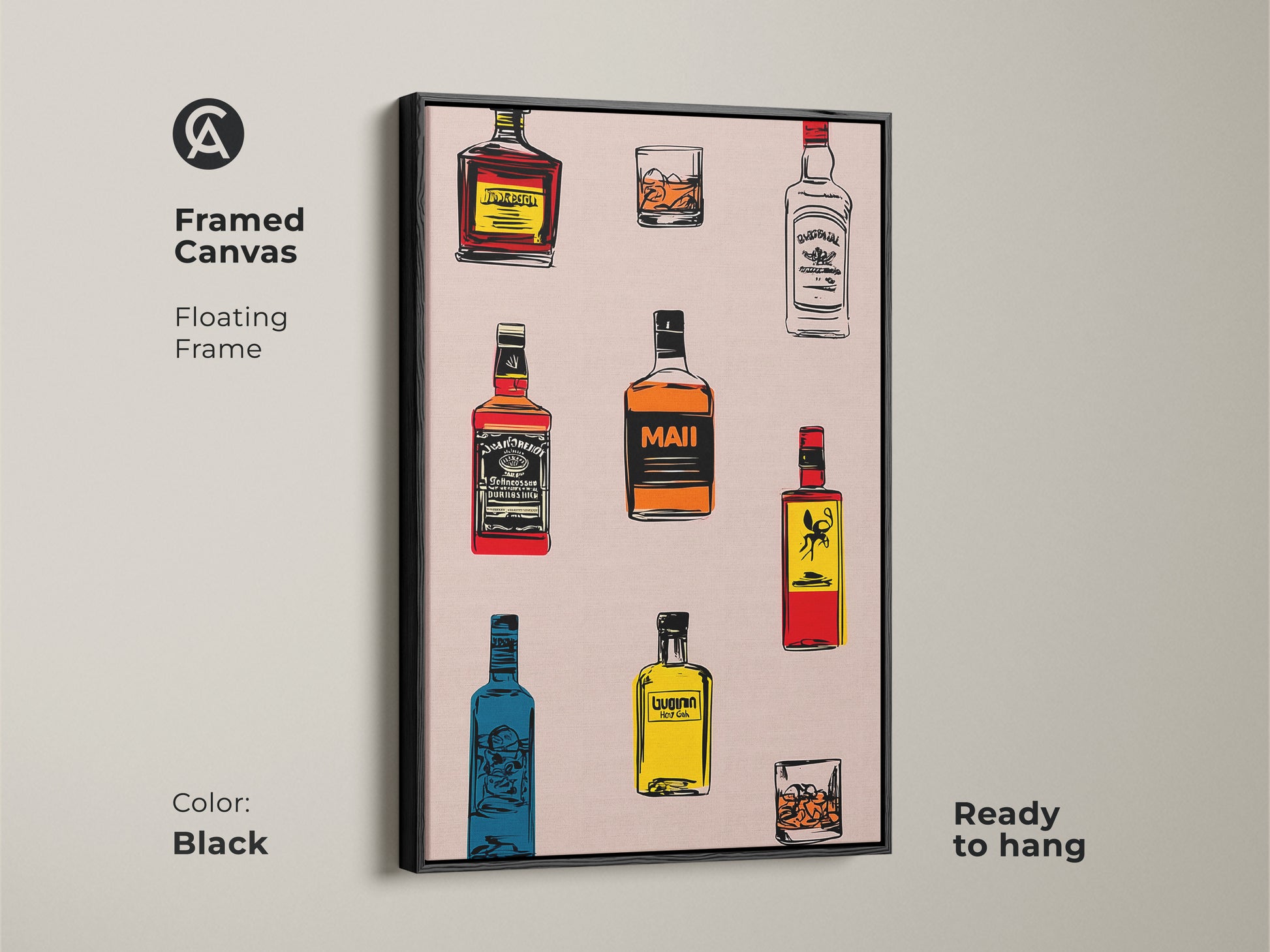 A framed canvas with a floating frame shows retro bar wall art. The black frame holds whiskey bottle art. The cocktail glass poster is ready to hang. Perfect for eclectic bar decor.
