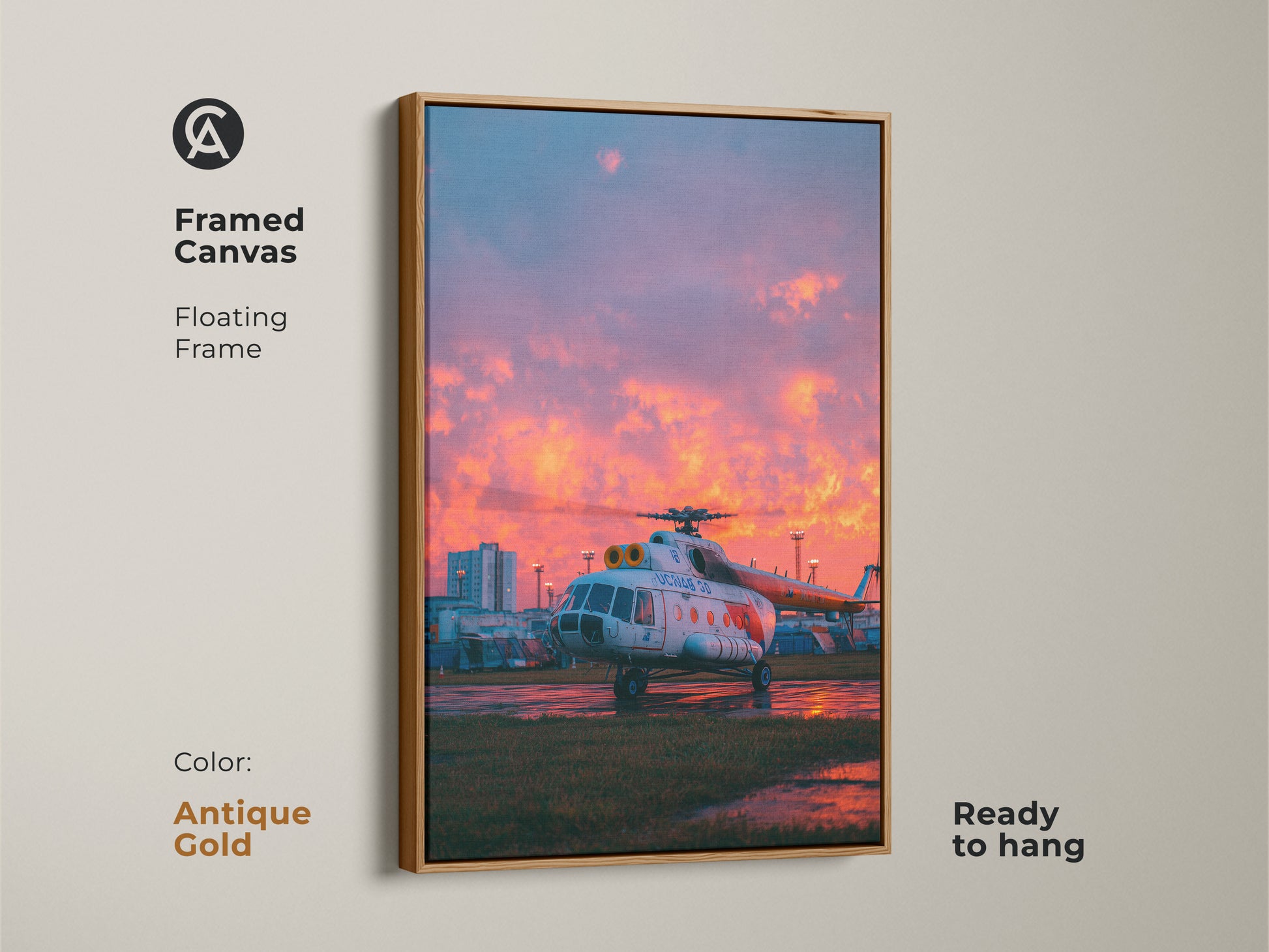 Aviation art on framed canvas with an antique gold floating frame. This unique aviation artwork is ready to hang. The sunset colors enhance the helicopter's details. Perfect for aviation art collectors.