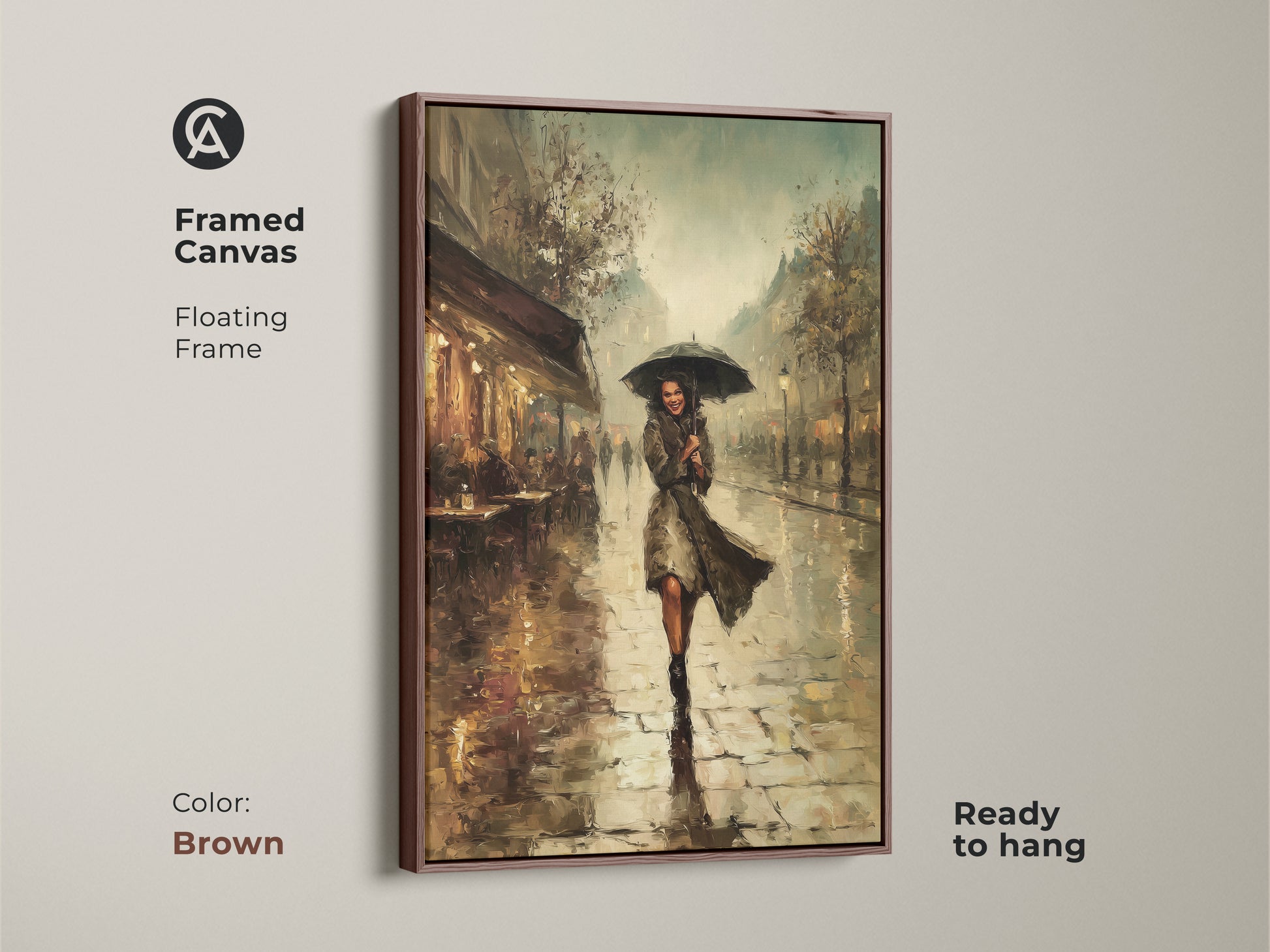 Framed canvas art showing a Paris cafe scene with a brown floating frame. This artwork features an Impressionist woman with umbrella. This eclectic piece has teal yellow and brown tones. Ready to hang this painterly Parisian scene. Ideal anniversary gift for Francophiles.