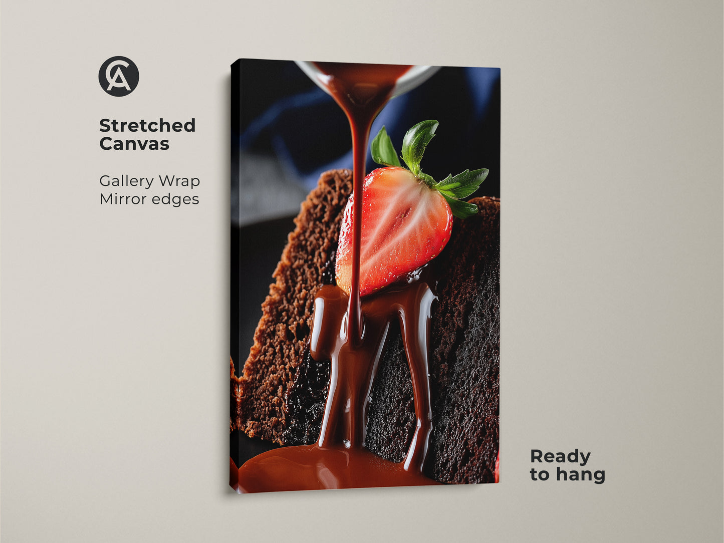 Stretched canvas art of chocolate cake and strawberry. Gallery wrapped with mirror edges. It is ready to hang. This gourmet dessert canvas is perfect for kitchen food photography.