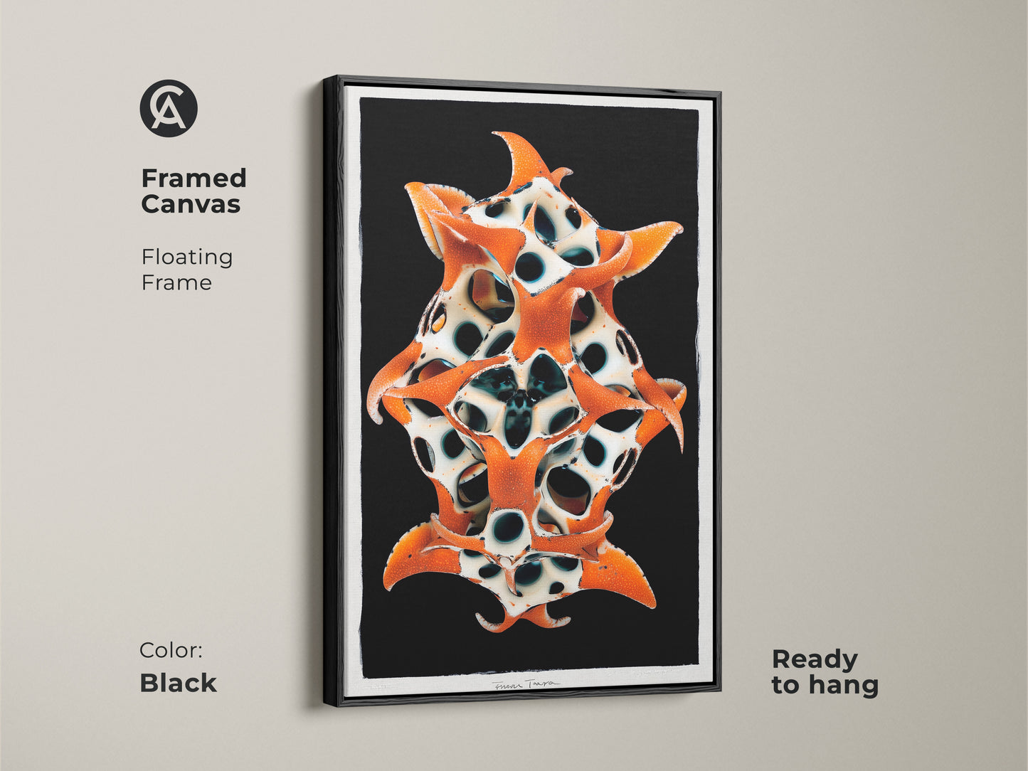 Framed Canvas with a floating frame. A surreal biomorphic sculpture wall art piece. Orange black white art print featuring abstract organic forms. Perfect modern art for the entry hall. Ready to hang in black frame.