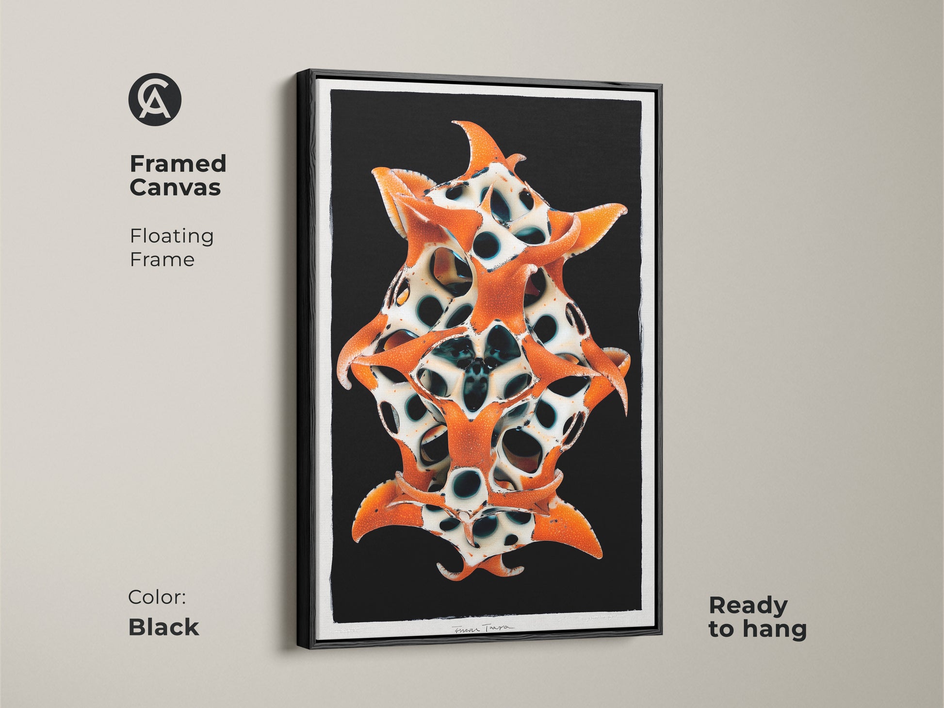 Framed Canvas with a floating frame. A surreal biomorphic sculpture wall art piece. Orange black white art print featuring abstract organic forms. Perfect modern art for the entry hall. Ready to hang in black frame.