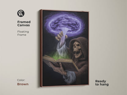 A framed brown canvas features gothic spellbook art. The Grim Reaper is deep in a spell. This dark fantasy artwork brings purple and green magic to any space. Ready to hang this canvas is ideal for goth home decor and adds an eclectic touch to a study room or office. It's a Halloween gift idea.