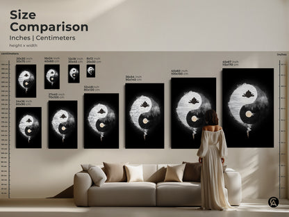Size comparison of Abstract Yin Yang Zen art in a living room. See the minimalist spiritual artwork in various sizes above a sofa. The black and white yoga decor enhances any interior. Perfect balance symbol canvas for mindful living.