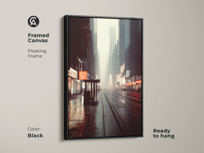 Framed canvas featuring an urban cityscape wall art. It has a black floating frame and is ready to hang. The industrial home decor art showcases tram tracks and glowing neon signs perfect for entryways.