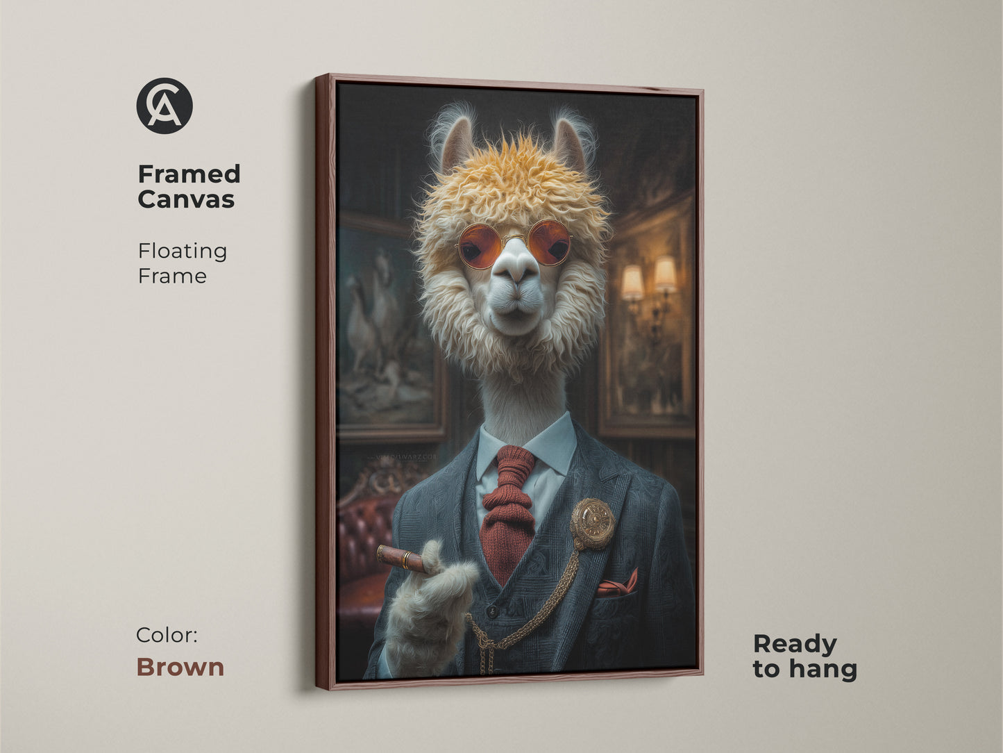 Framed canvas showcasing a sophisticated alpaca art. A brown floating frame enhances the animal portrait. Beige orange hues bring warmth to any space. Ready to hang art.