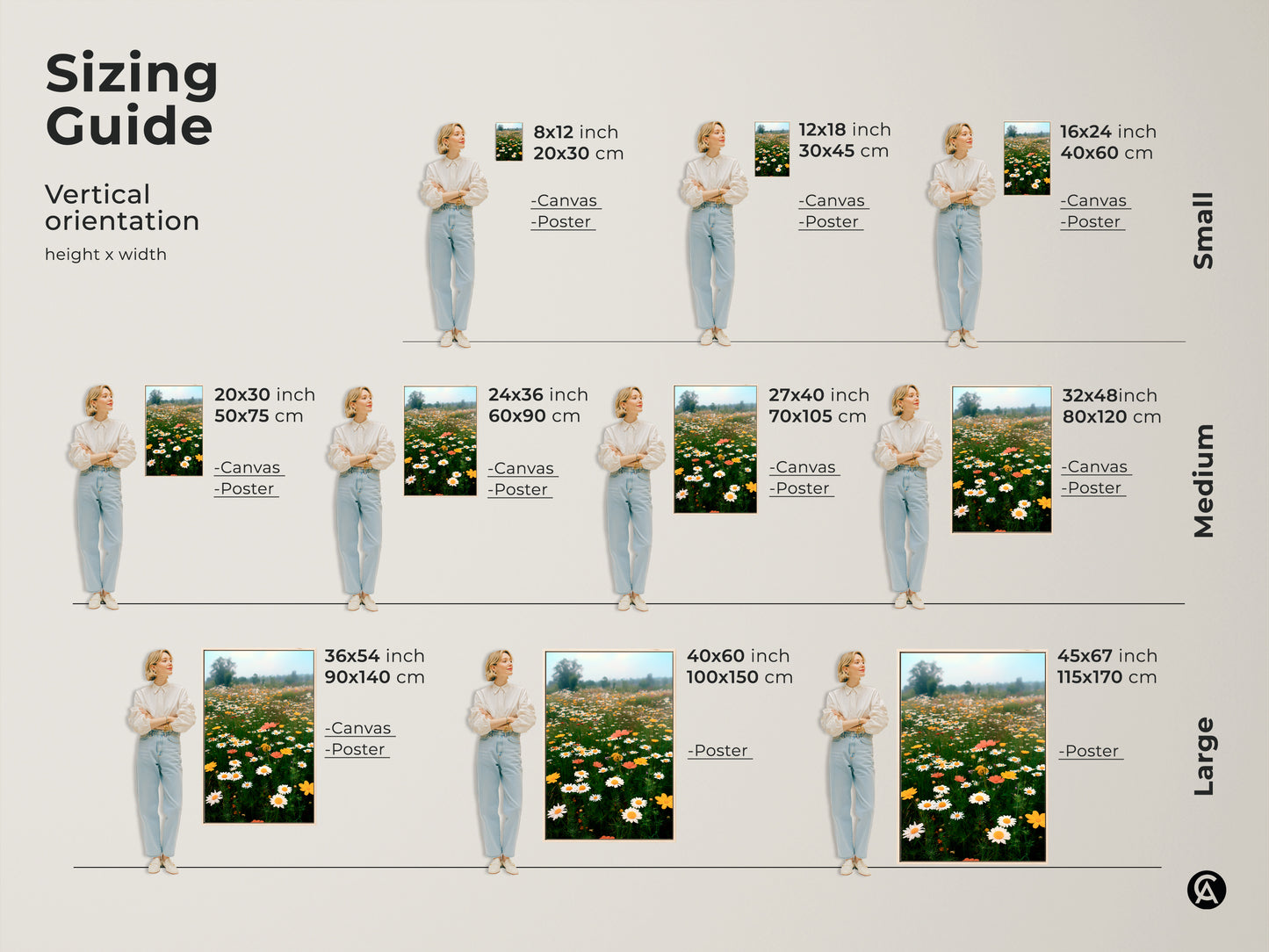 Sizing guide for vertical daisy field canvas and poster prints. Various sizes are available from small to large. Find the perfect fit for your space with this wildflower landscape wall decor. It's ideal for boho bedroom decor.