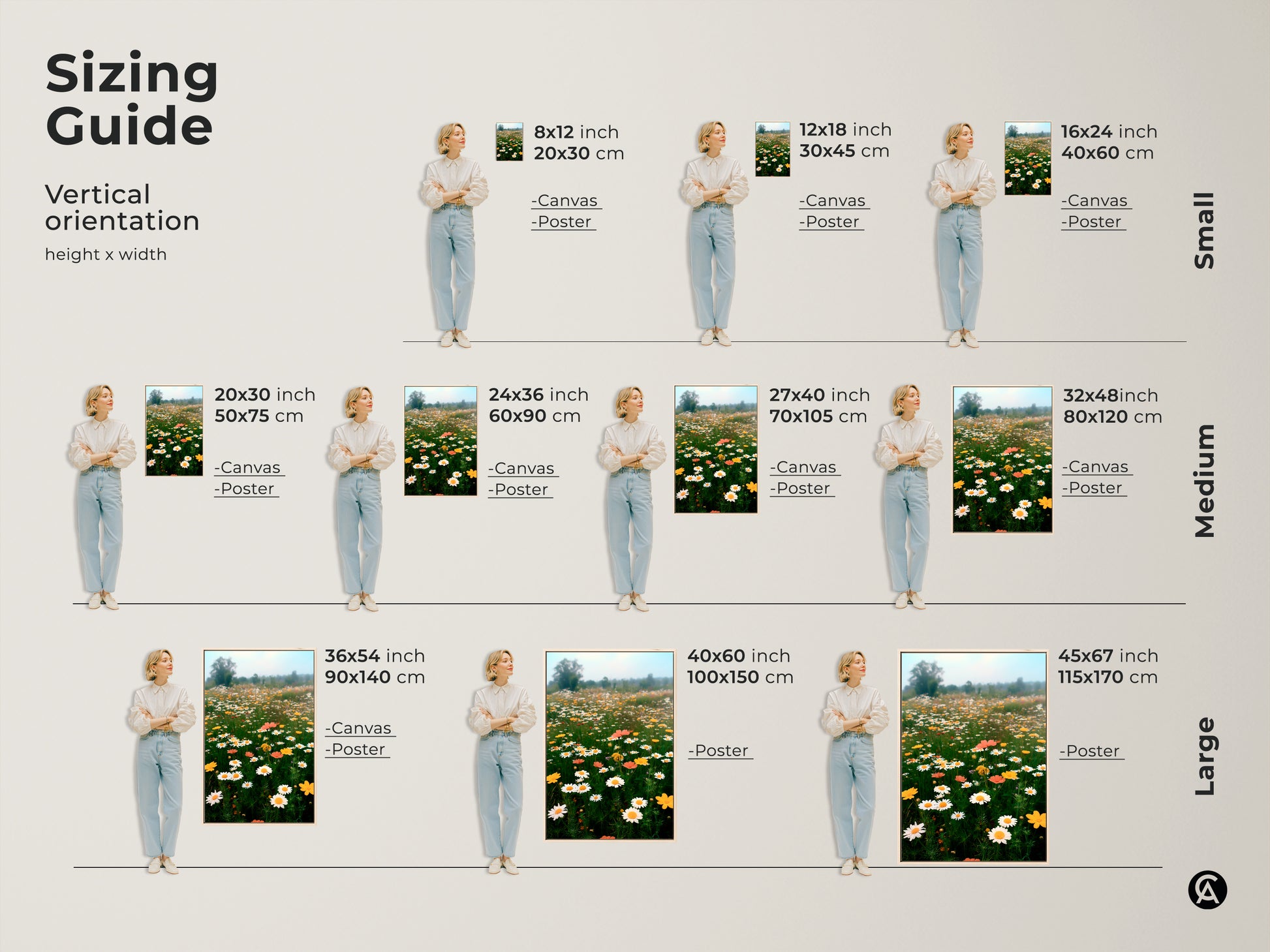 Sizing guide for vertical daisy field canvas and poster prints. Various sizes are available from small to large. Find the perfect fit for your space with this wildflower landscape wall decor. It's ideal for boho bedroom decor.
