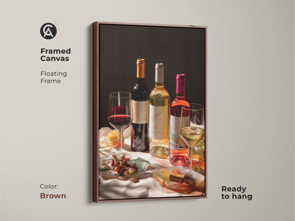 Framed canvas with a brown floating frame displays a wine still life. Photorealistic bottles and glasses in deep red cream and gold look stunning. It is ready to hang. A luxury kitchen art piece for wine enthusiasts. Enhances any elegant home bar. A great housewarming gift.