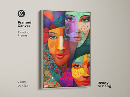 Framed canvas displaying geometric abstract faces art. The cubist portrait in teal orange and red features a floating white frame. Eclectic modern artwork that is ready to hang. Enhances any room with its contemporary wall decor.