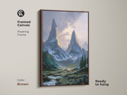 Rustic mountain art in a framed canvas with a brown floating frame. This adventure wall decor brings alpine peaks into your home. It is a nature lover gift that complements cabin decor.