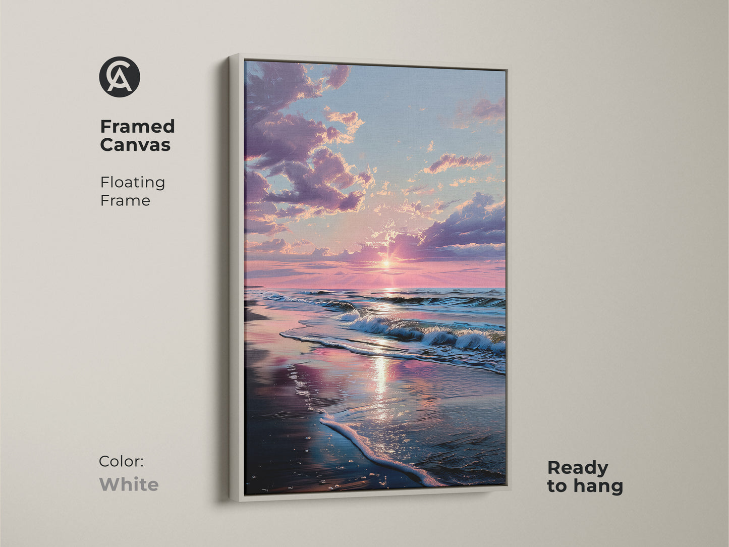 White framed canvas sunset beach art. Floating frame offers a clean look. The sun reflects on the wet sand. Ocean waves crash on the beach. This framed art is ready to hang. Create a peaceful atmosphere.