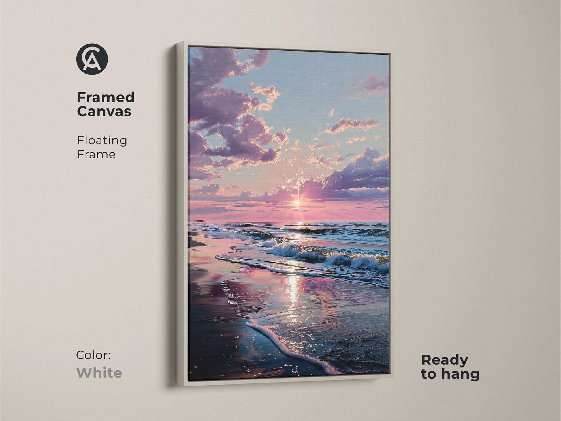 White framed canvas sunset beach art. Floating frame offers a clean look. The sun reflects on the wet sand. Ocean waves crash on the beach. This framed art is ready to hang. Create a peaceful atmosphere.