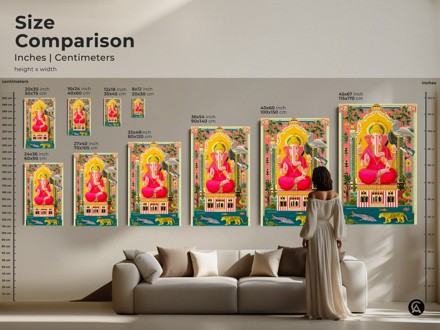 Size comparison shows various dimensions of Ganesha art. Sizes range from 20x30 cm to 45x67 inches. Visualize how each size enhances your living room. The Spiritual Ganesha canvas print is perfect for adding folk art and mythology to your home.
