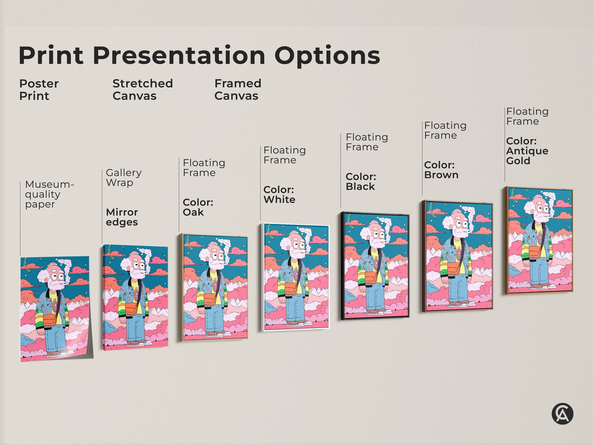 Explore our print presentation options. Choose from poster prints stretched canvas and framed canvas. Each option showcases the cartoon character smoking. Find the perfect style to match your taste and decor needs.