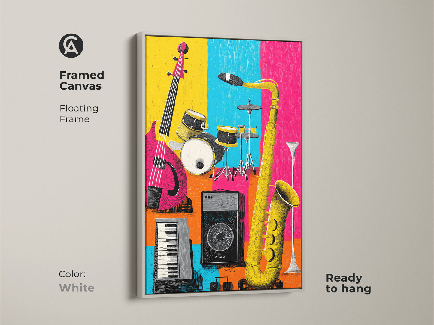 Framed canvas musical instrument art with a white floating frame. The bright artwork showcases a guitar drums keyboard and saxophone. Ready to hang for a modern music room.