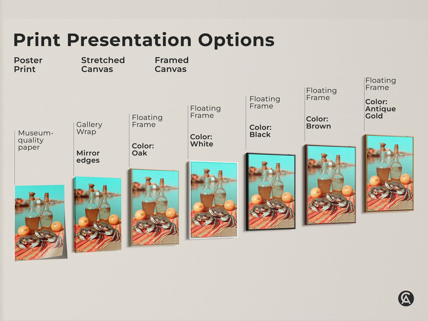 Explore print presentation options for coastal crab lemon artwork. Choose poster print or stretched canvas with gallery wrap. Framed canvas with floating frame in various colors are available. Find museum-quality paper prints and create a vibrant coastal home decor.