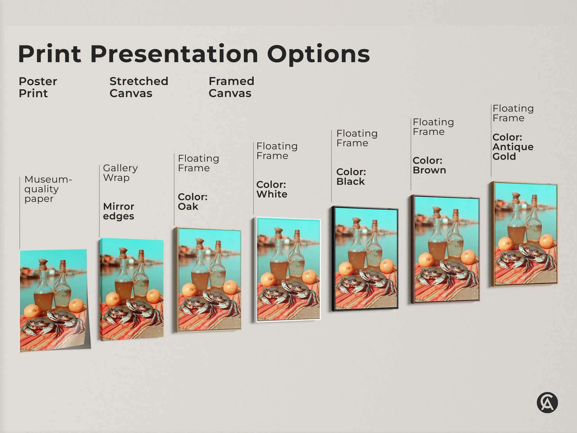 Explore print presentation options for coastal crab lemon artwork. Choose poster print or stretched canvas with gallery wrap. Framed canvas with floating frame in various colors are available. Find museum-quality paper prints and create a vibrant coastal home decor.